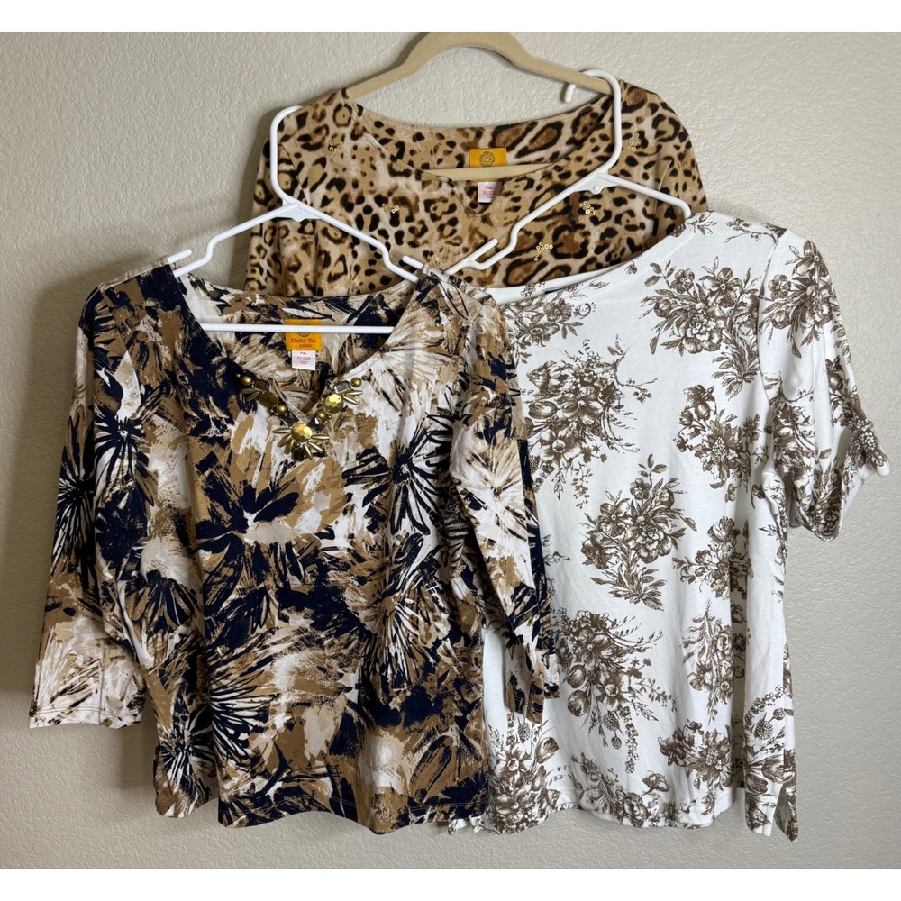 Ruby Rd Womens PXL Multicolor Tops Lot 3 Leopard Floral Abstract Sequin Beaded‎
